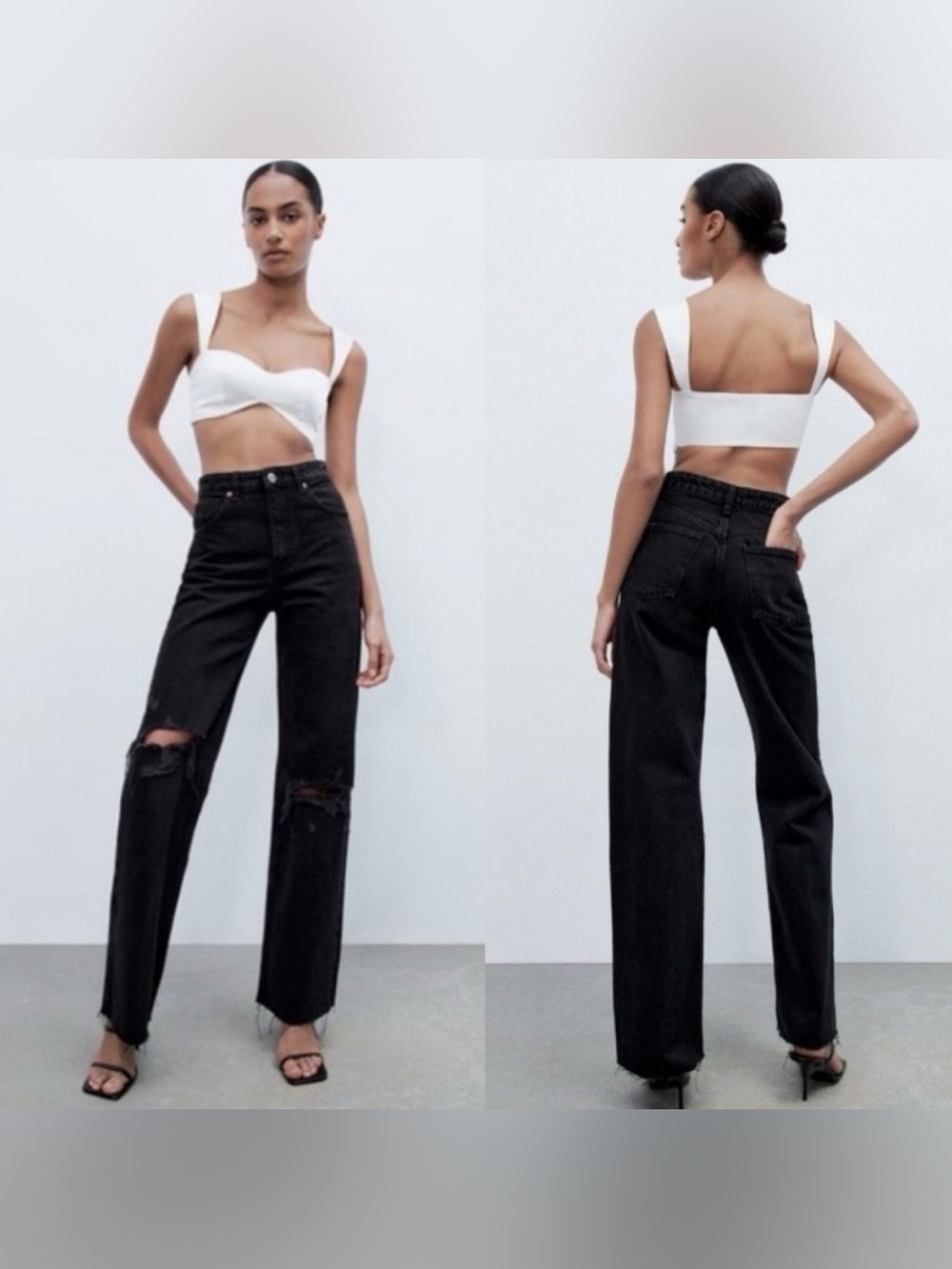 Zara Ripped Wide Leg Jeans Black Distressed Raw Hem High Rise Size 6